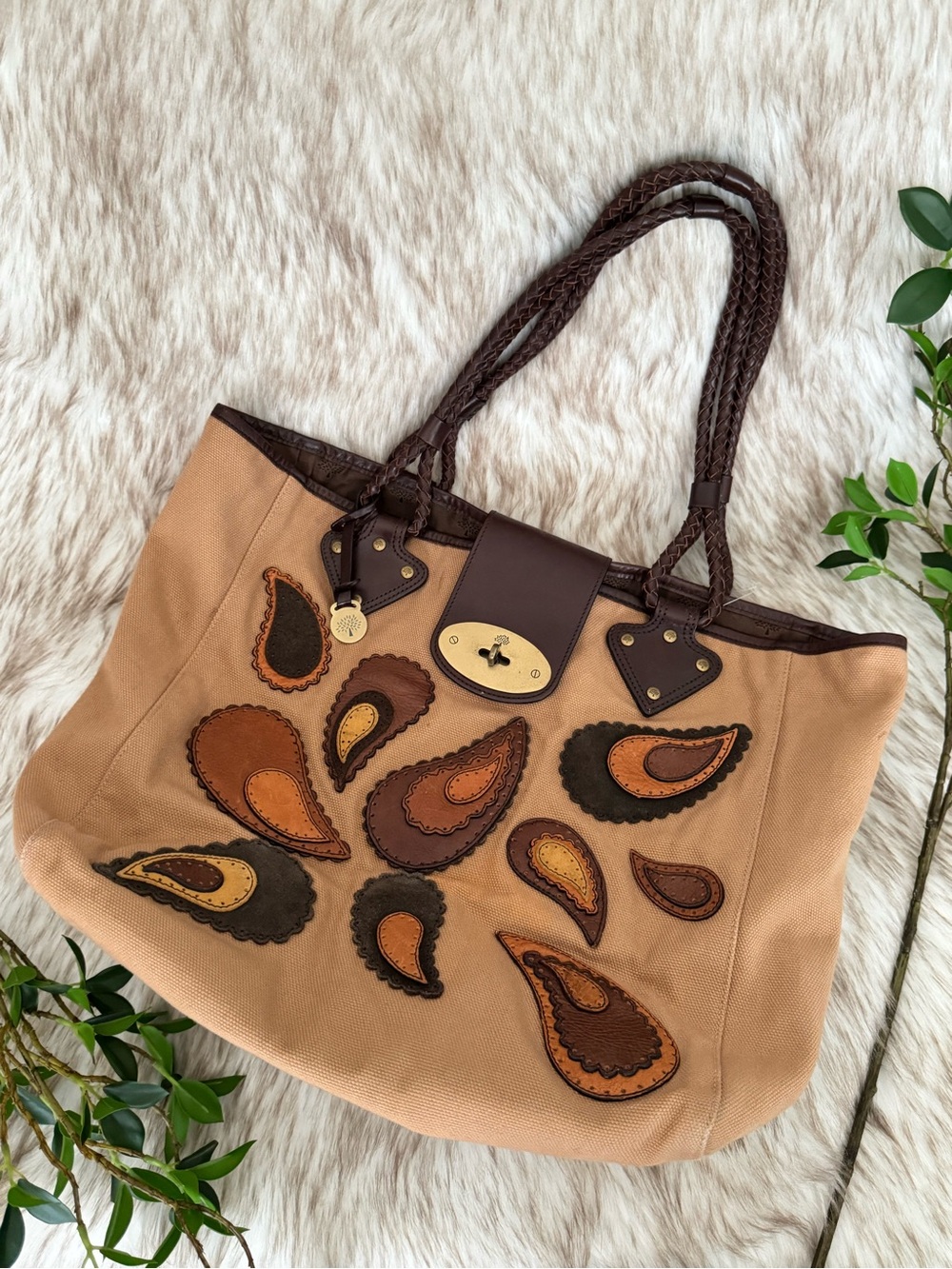Mulberry Radeliffe Paisley Appliqué Canvas Tote in Tan and Brown